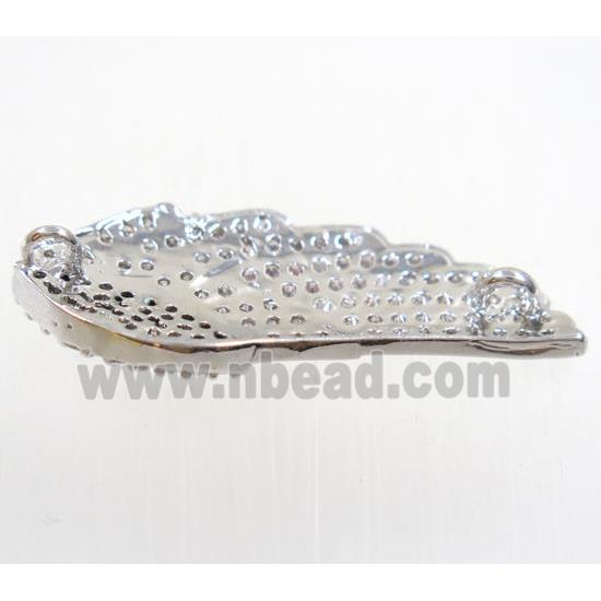 copper pendant paved zircon, angel wing, platinum plated