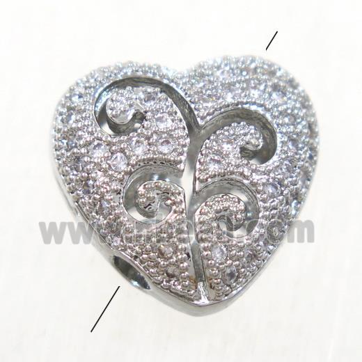 copper heart beads paved zircon, platinum plated