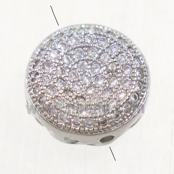copper flat-round beads paved zircon, platinum plated