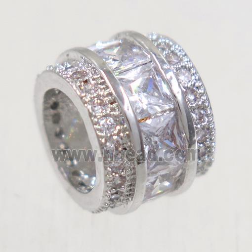 European style copper beads paved zircon, tube, platinum plated