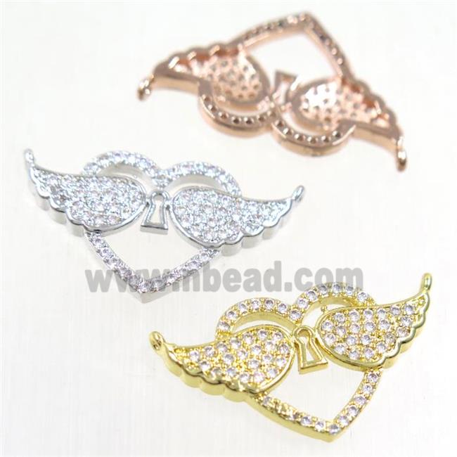 copper pendants paved zircon with 2loops, angel wings, mix color