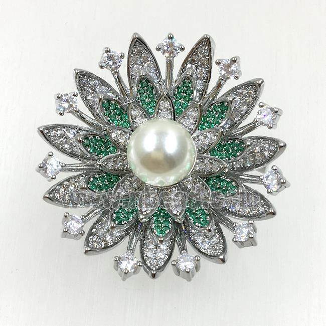 copper flower brooches pave zircon with pearl, revolvable, platinum plated