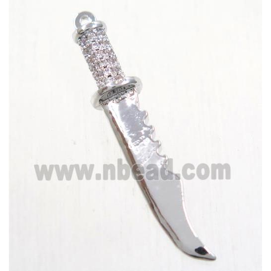 copper pendant paved zircon, knife, platinum plated