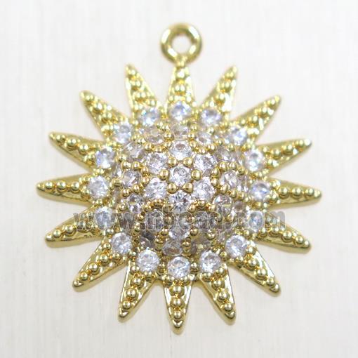 copper sun pendant paved zircon, gold plated