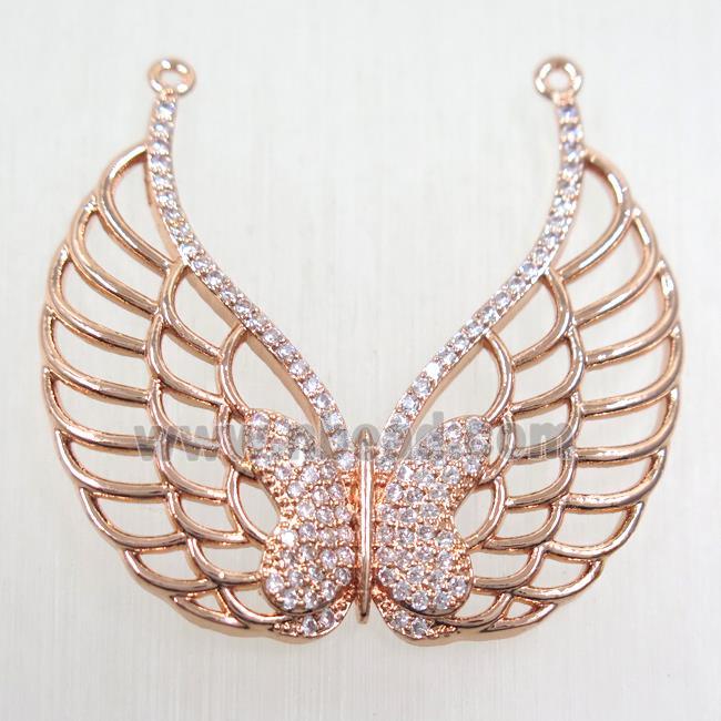 copper pendant paved zircon, angel wing, rose gold