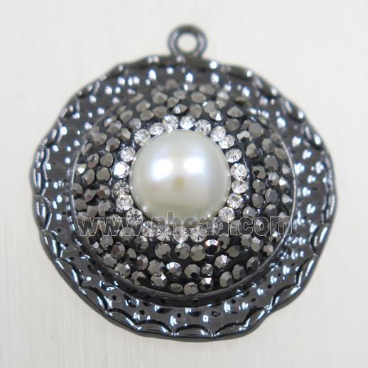 copper circle pendant paved rhinestone with pearl, black plated