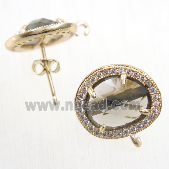 copper earring studs paved zircon with smoky crystal glass, gold plated