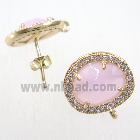 copper earring studs paved zircon with pink crystal glass, gold plated