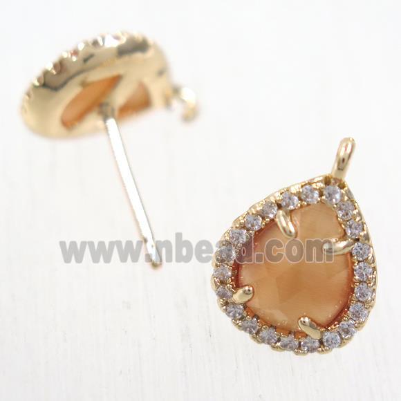 copper teardrop earring studs paved zircon with orange crystal glass, gold plated