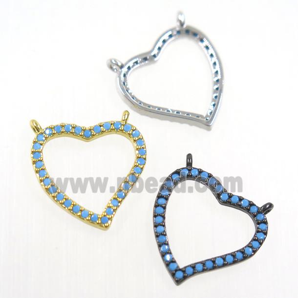 copper heart pendant paved zircon with 2loops, turq, mix color