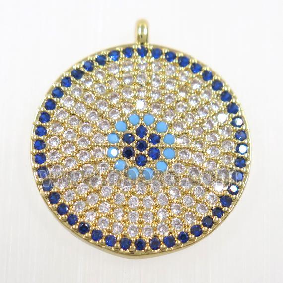 copper button circle pendant paved zircon, gold plated