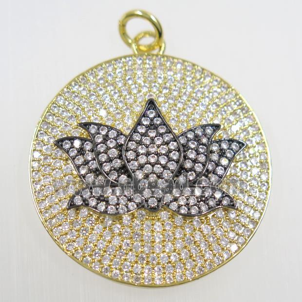 copper button Lotus pendant paved zircon, gold plated