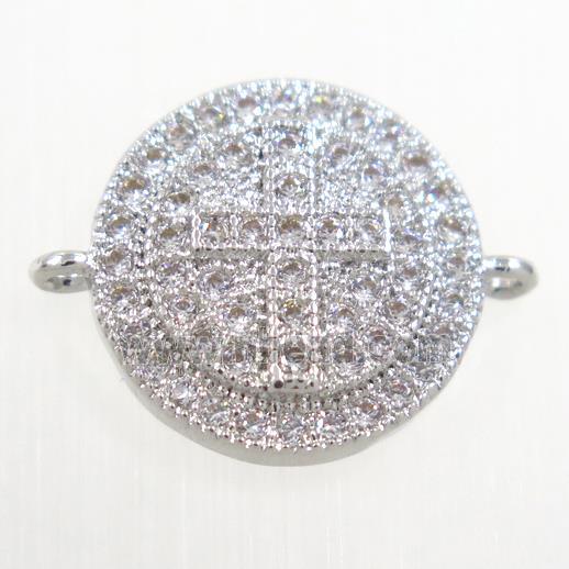 copper button cross connector paved zircon, platinum plated
