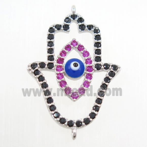 copper HamsaHand connector paved zircon, evil eye, platinum plated