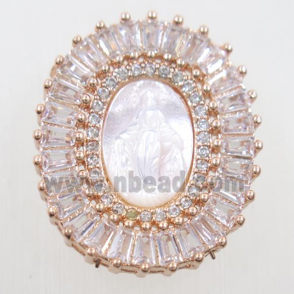copper pendant paved zircon, shell Jesus, rose gold