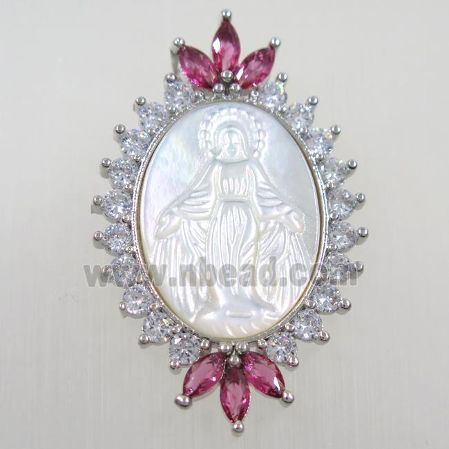 copper pendant paved zircon, shell Jesus, platinum plated
