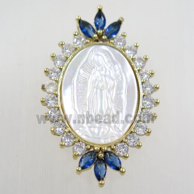 copper oval pendant paved zircon, shell Jesus, gold plated
