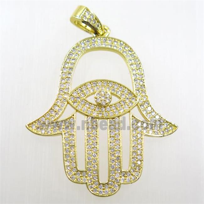 copper Hamsa Hand pendant paved zircon, gold plated