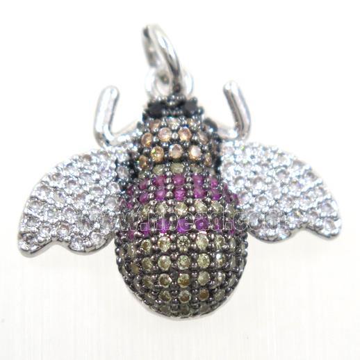 copper Honeybee pendant paved zircon, platinum plated