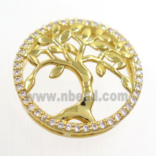 copper pendant paved zircon, circle, Tree of life, gold plated