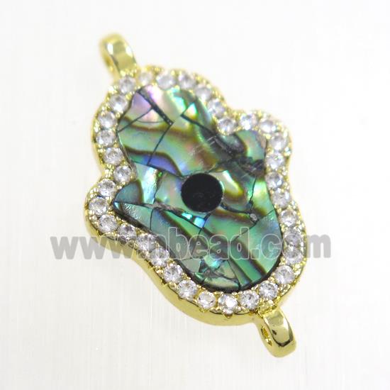 copper hamsahand connector paved zircon with abalone shell, gold plated