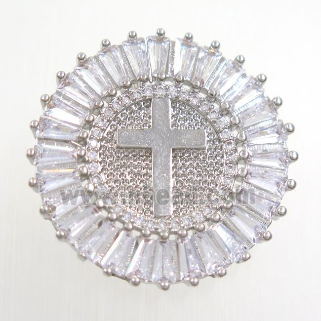 copper circle pendant paved zircon, cross, platinium plated