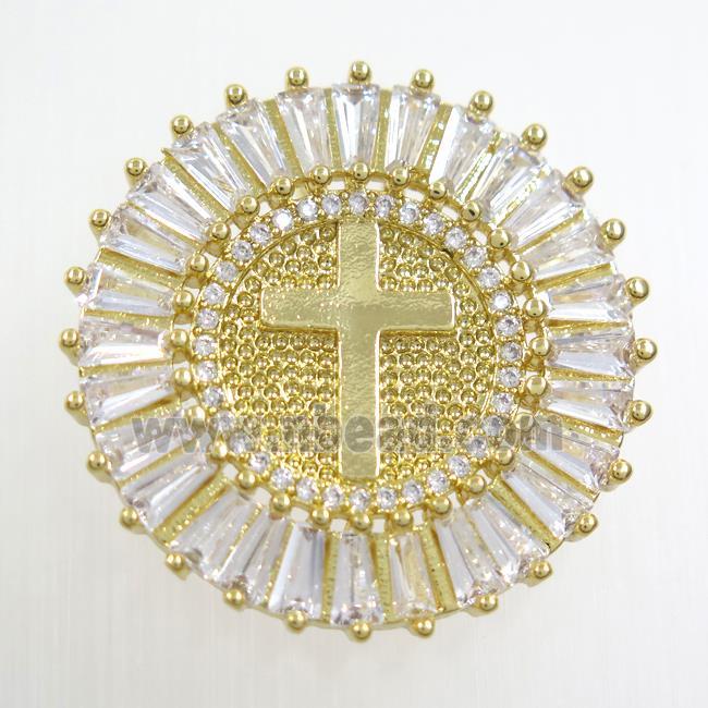 copper circle pendant paved zircon, cross, gold plated