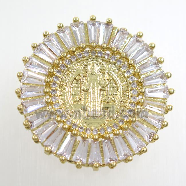 copper circle pendant paved zircon with Jesus, gold plated