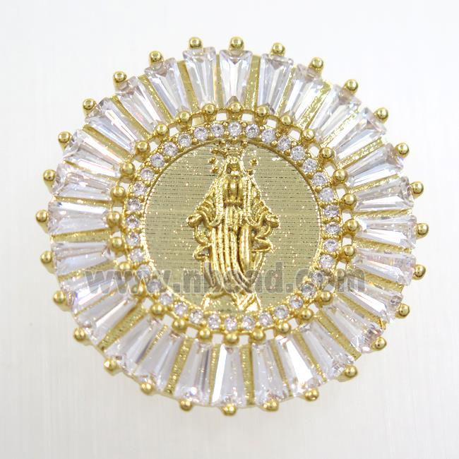 copper circle pendant paved zircon with Jesus, gold plated