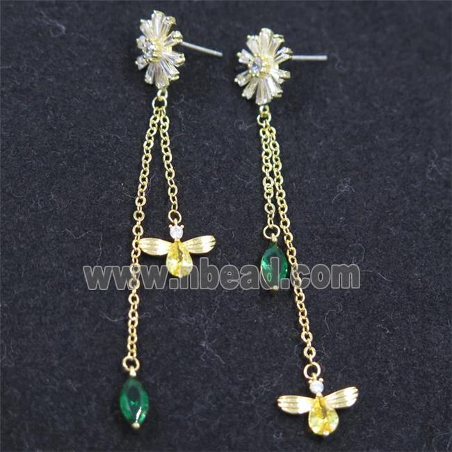 copper earring paved zircon, gold plated