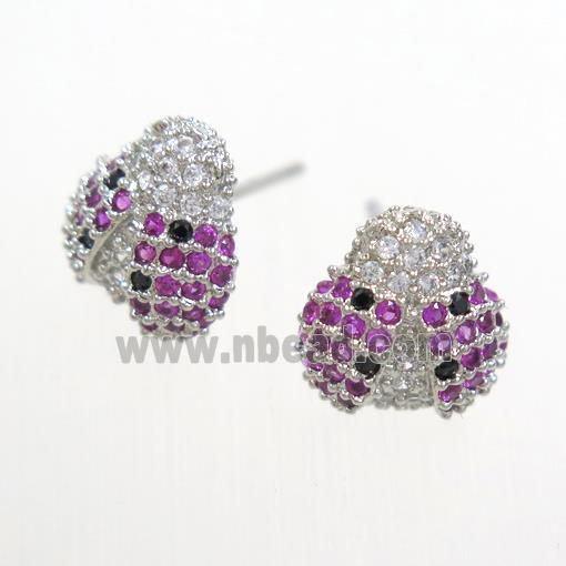 copper beetle earring studs paved zircon, platinum plated