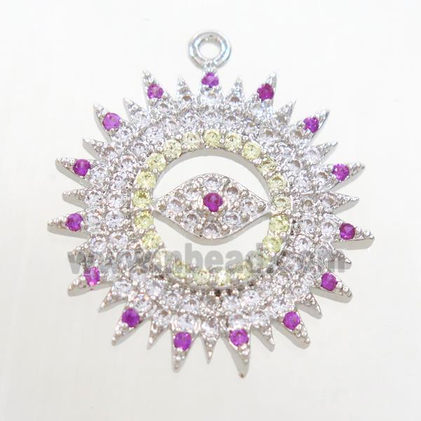 copper sun pendant paved zircon with eye, platinum plated