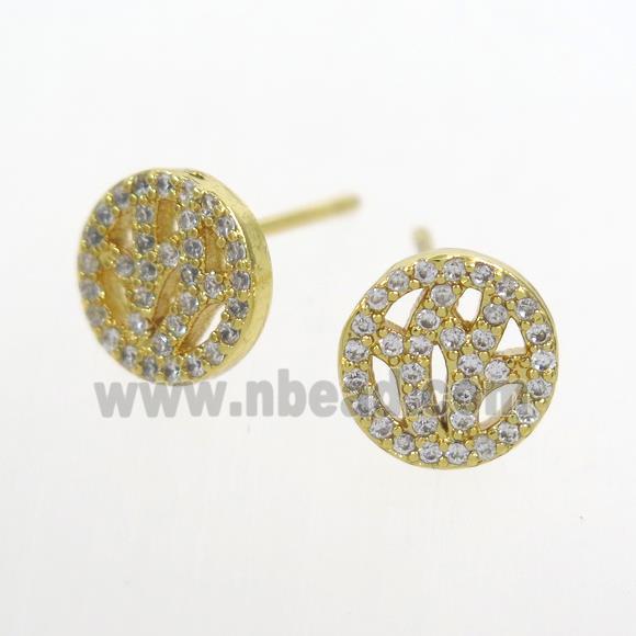 copper earring stud paved zircon, gold plated