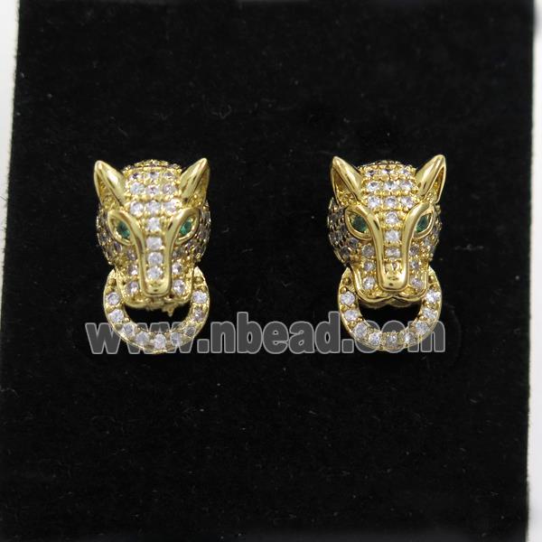 copper wolfhead earring stud paved zircon, gold plated