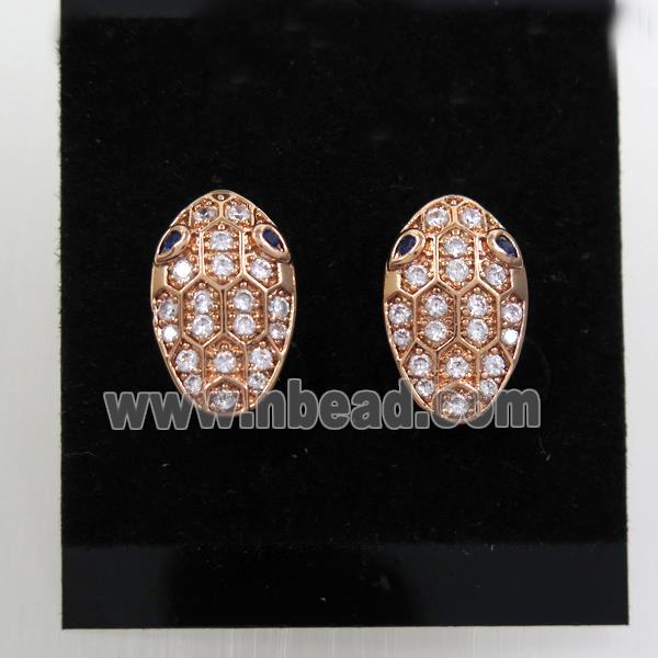 copper snakehead earring studs paved zircon, rose gold