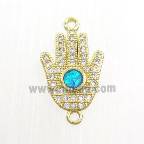 copper hamsahand connector paved zircon with fire opal, gold plated