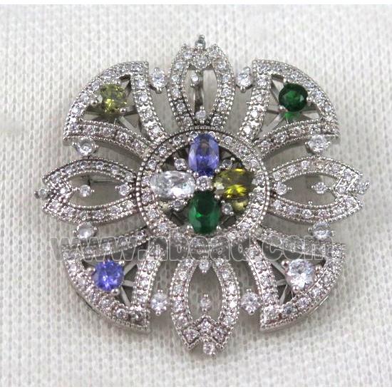copper brooch paved zircon, platinum plated