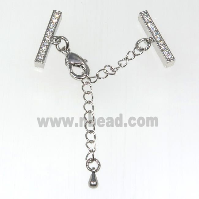 copper necklace linker paved zircon with chain end, platinum plated