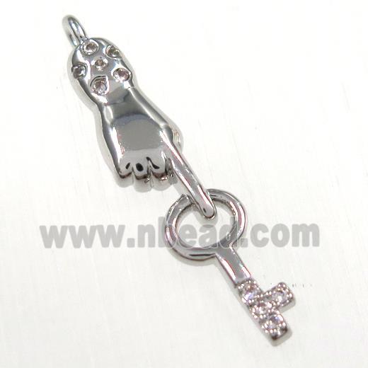 copper handkey pendants paved zircon, platinum plated