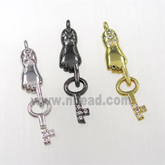 copper handkey pendants paved zircon, mixed color