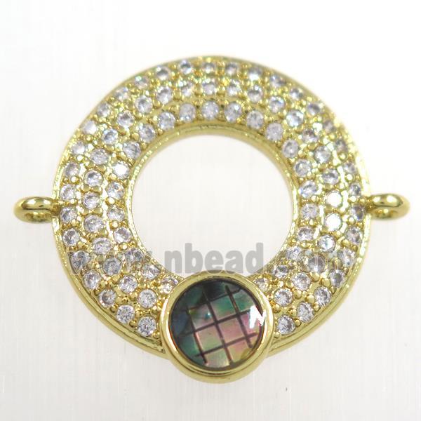 copper donut connector paved zircon with abalone shell, gold plated