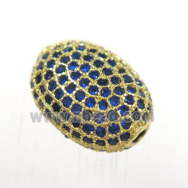 copper oval beads paved blue zircon, gold plated