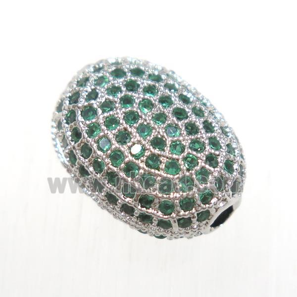 copper oval beads paved green zircon, platinum plated