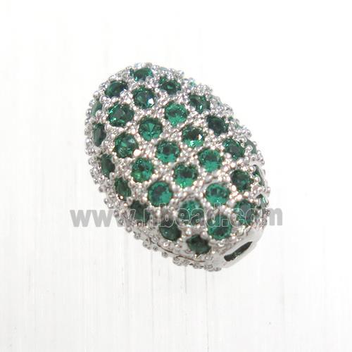 copper oval beads paved green zircon, platinum plated