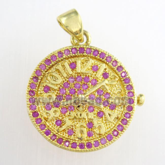 copper clock pendants paved zircon, circle, gold plated