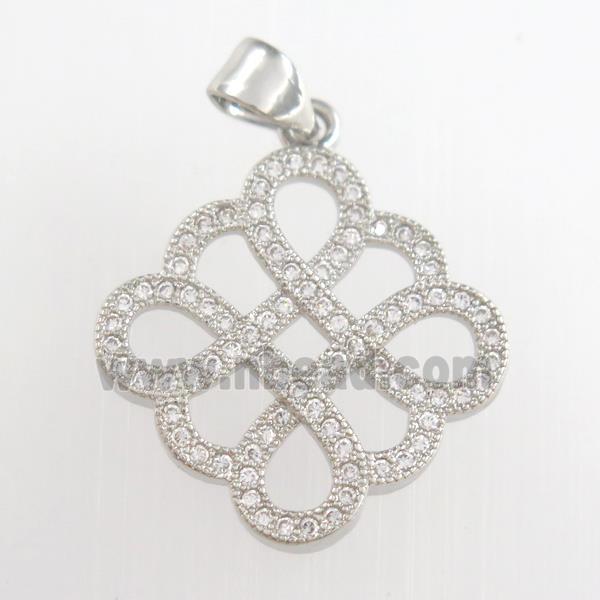 copper knot square pendants paved zircon, platinum plated