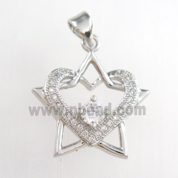 copper starheart pendants paved zircon, platinum plated