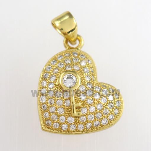 copper heart pendants paved zircon, gold plated