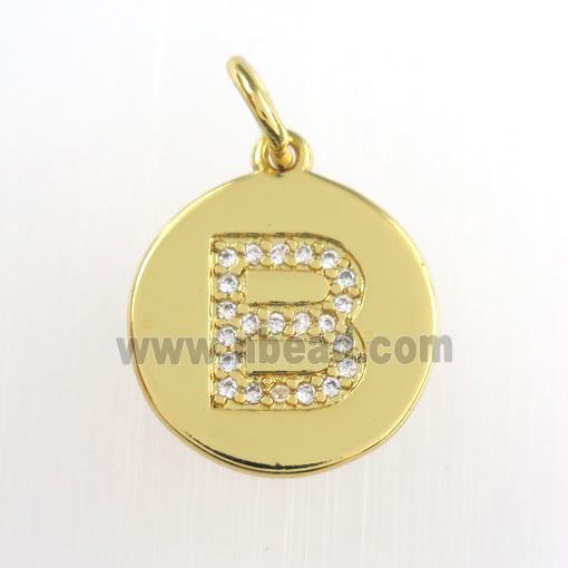 copper pendant paved zircon, letter B, gold plated