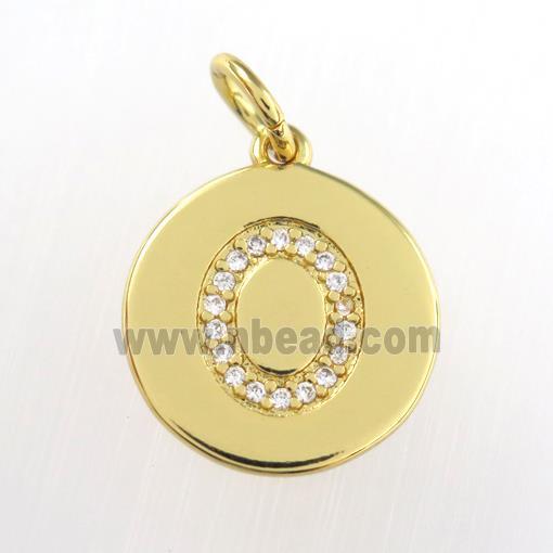 copper pendant paved zircon, letter O, gold plated